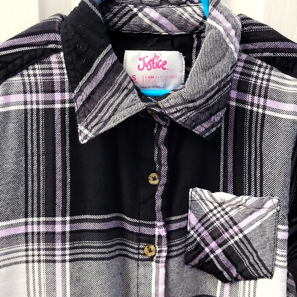 Justice Girls Black White Plaid Button Down Flannel Shirt Size S 7/8 Grunge